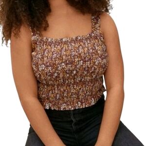 Everlane Floral Smocked Cropped Tank Top | Size M | Brown Yellow Blue Fall Print